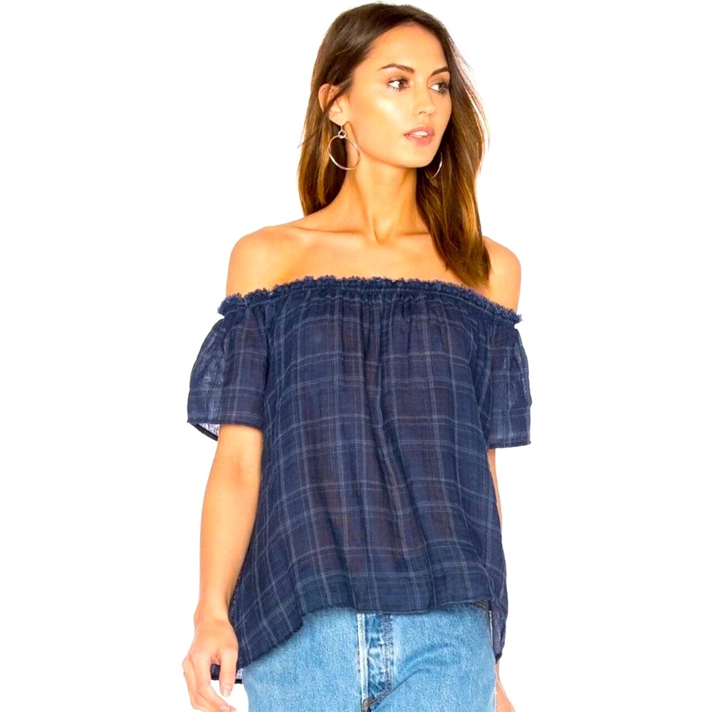 Love In gingham check off the shoulder flutter sleeve blouse